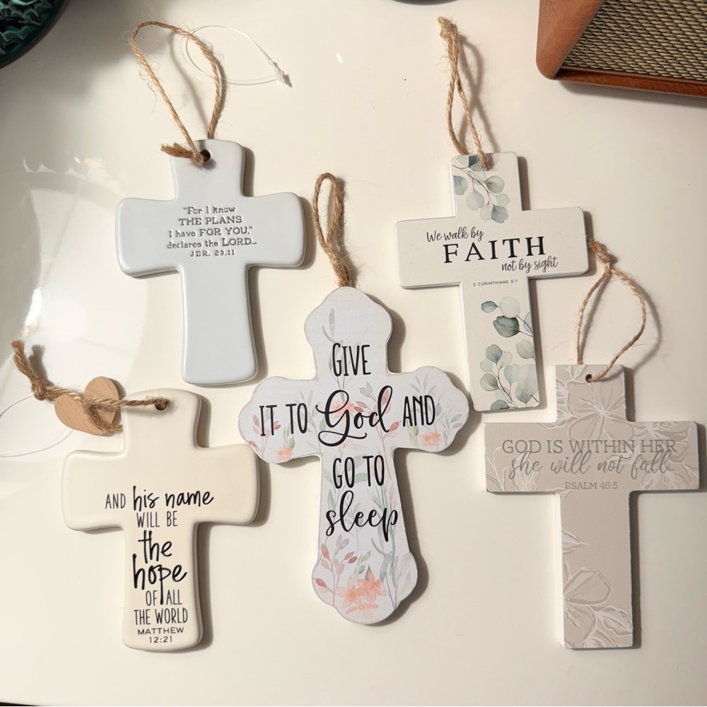 Bundle of Inspirational Hanging Cross Decor (5) - Ceramic & Wooden